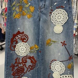 Oli & Hali Blue Floral Embroidered Wide-Leg Jeans